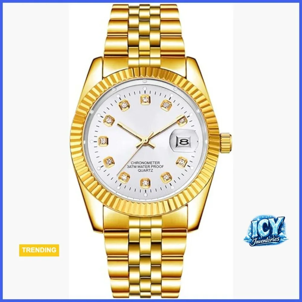 Stainless Steel Quartz Watch with Date, Waterproof, Folding Clasp